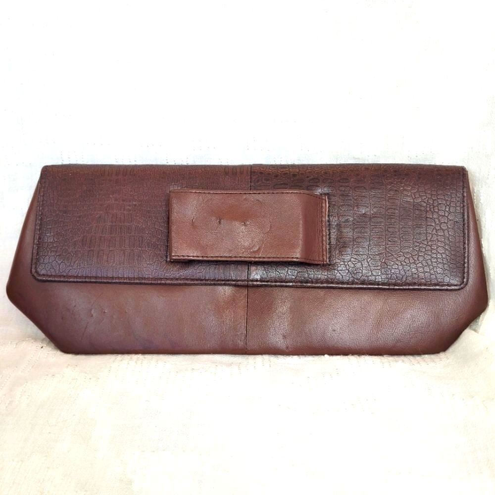 Liz Soto dark brown leather croc embossed east west clutch wrist loop boho edgy